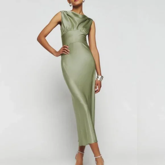 Reformation Dessa Dress NWT Midi Long Artichoke Green Maxi Cowl Neck Cocktail 4 - Picture 1 of 8
